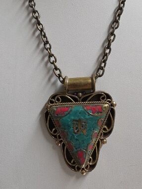 Turquoise and Coral Inlaid Triangle Pendant w Om Mantra Brass Necklace